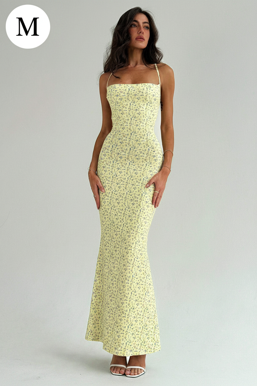 Aloruh Yellow Summer Seductive Vacation Women Spaghetti Strap Draped Neck Backless Tie-Waist Long Ditsy Floral Dress,Tea Party Bodycon Figure Flattering