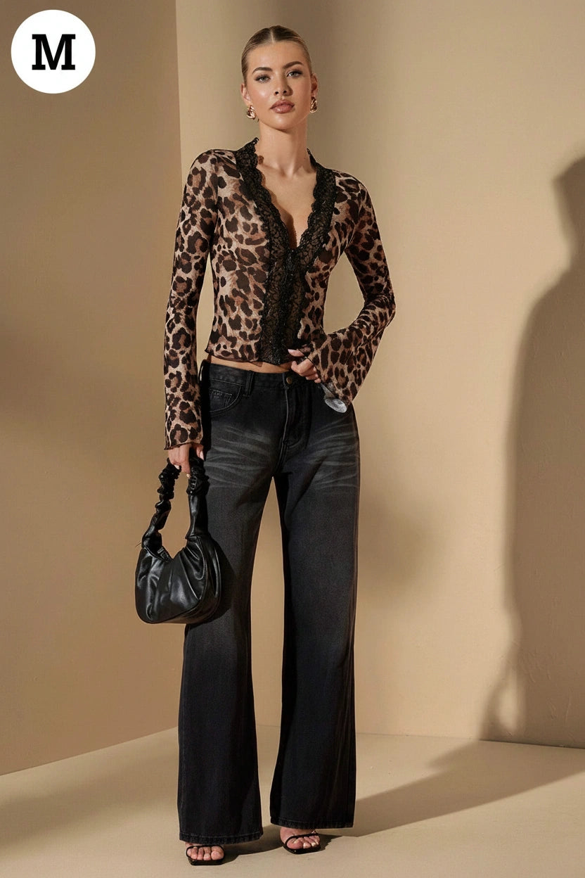 SHEIN BAE Solid Long Sleeve Blouse, Leopard Lace Patchwork