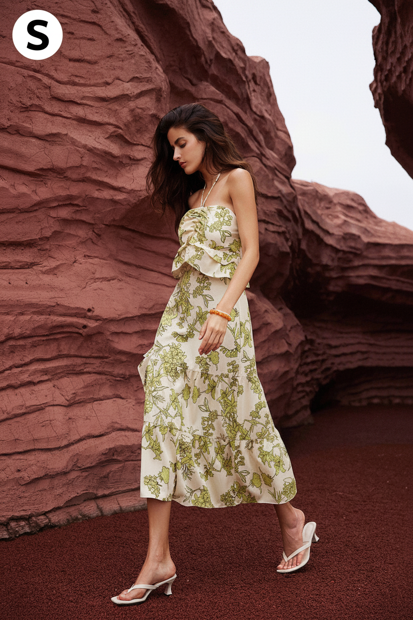 GENKIRA Random Printed Asymmetrical Hem Halter Neck Tie-Up Dress With Gentle Elegant