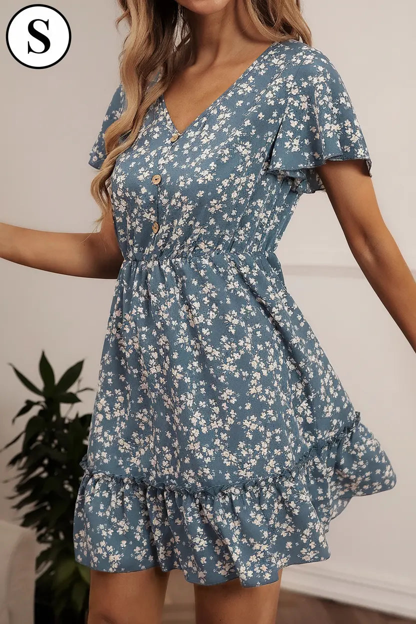Breezaya Ditsy Floral Print V-neck Ruffle Hem Dress