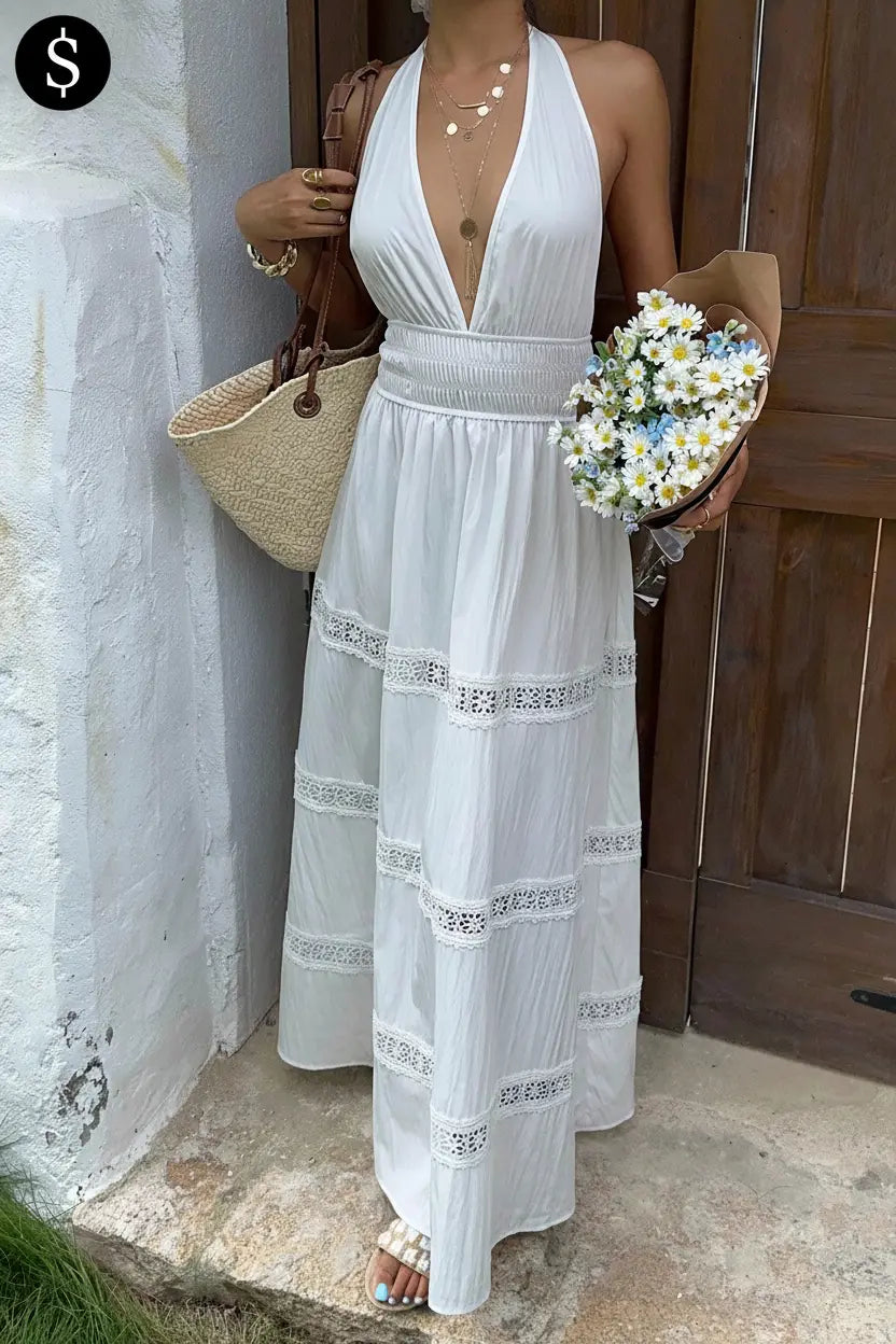 Sunnyshic White Linen Pleated Material Deep Shirred Halter Bowknot Backless Waist Gathered Dress