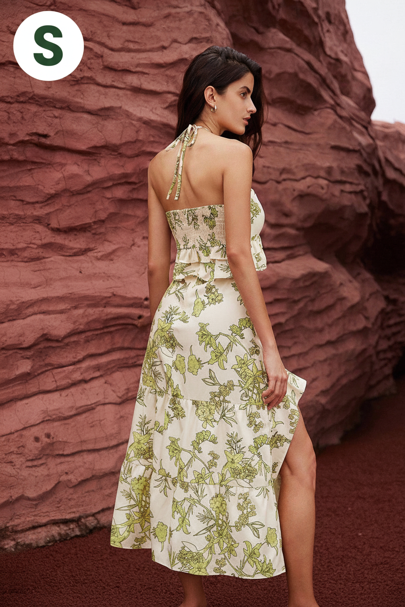 GENKIRA Random Printed Asymmetrical Hem Halter Neck Tie-Up Dress With Gentle Elegant