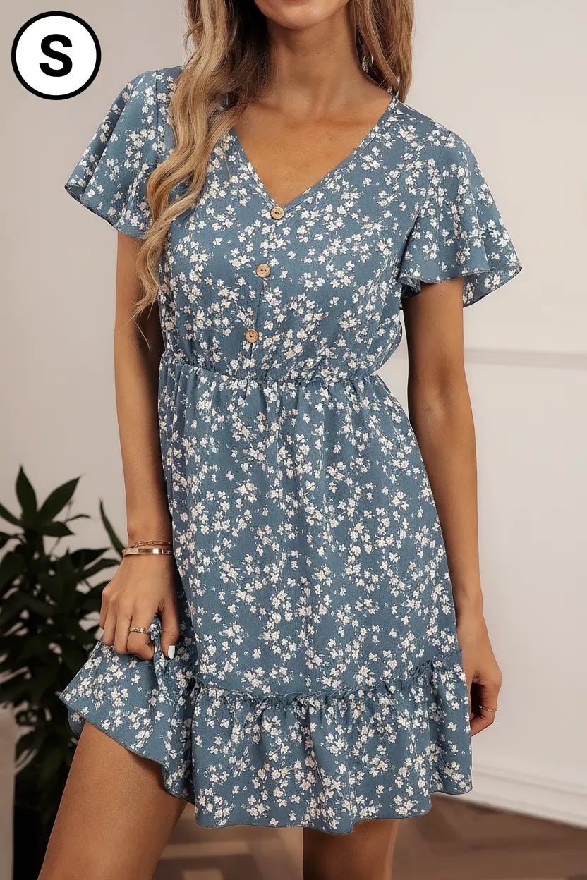 Breezaya Ditsy Floral Print V-neck Ruffle Hem Dress