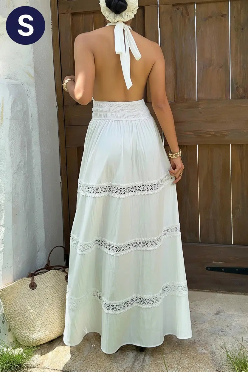 Sunnyshic White Linen Pleated Material Deep Shirred Halter Bowknot Backless Waist Gathered Dress