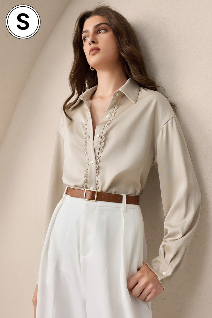 BizChic Women's Beige Elegant Office Button Down Shirt