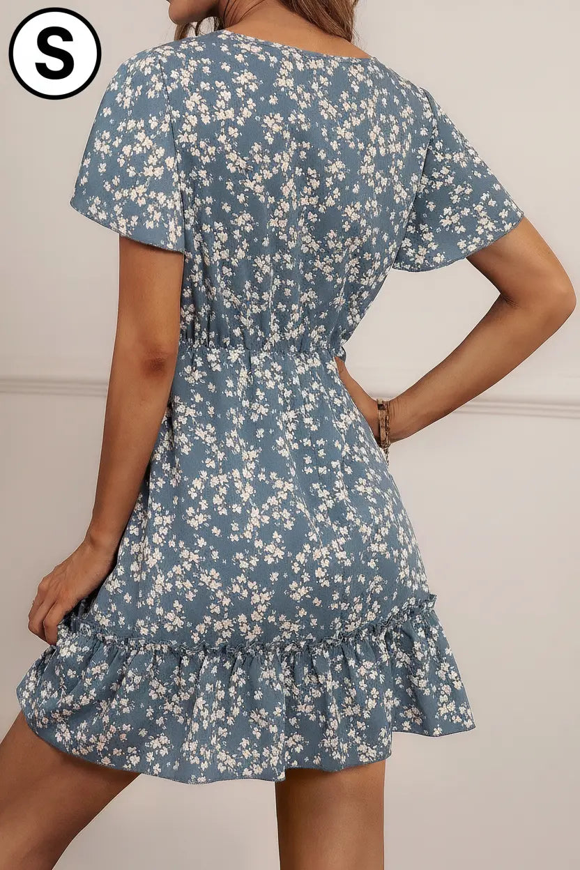 Breezaya Ditsy Floral Print V-neck Ruffle Hem Dress