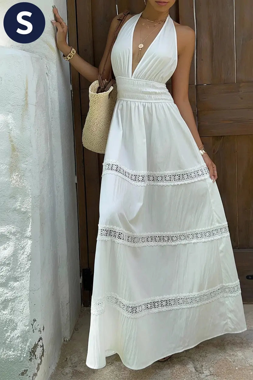 Sunnyshic White Linen Pleated Material Deep Shirred Halter Bowknot Backless Waist Gathered Dress