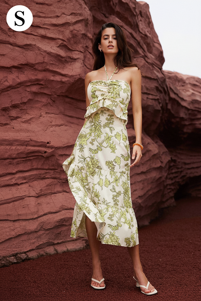 GENKIRA Random Printed Asymmetrical Hem Halter Neck Tie-Up Dress With Gentle Elegant