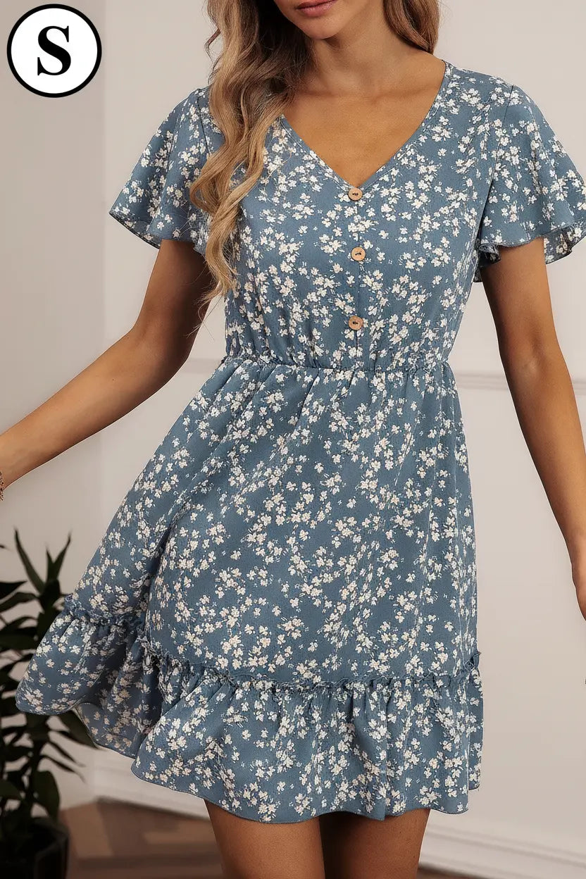 Breezaya Ditsy Floral Print V-neck Ruffle Hem Dress