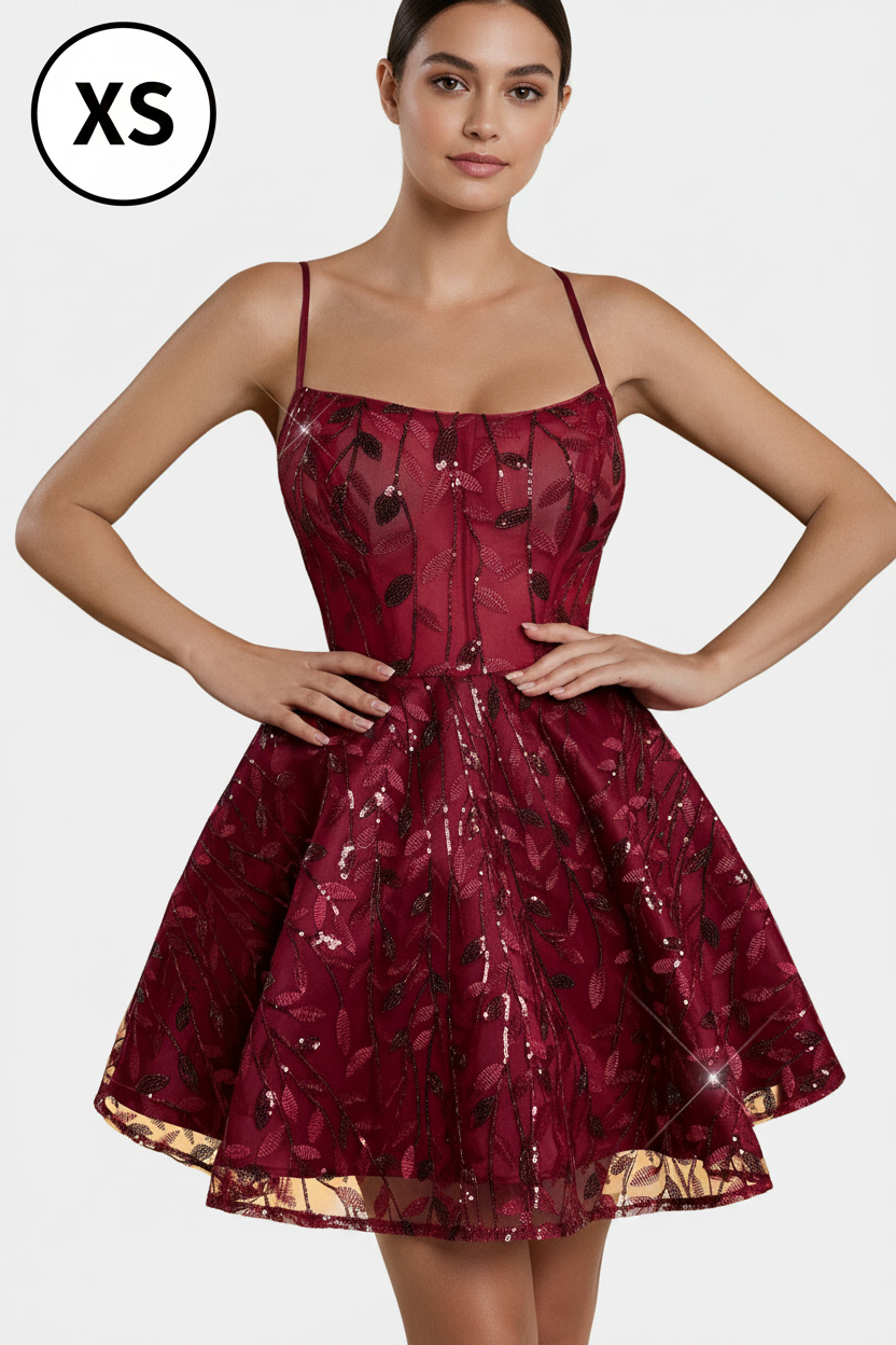 Enchanted Burgundy Foliage Flared Gown