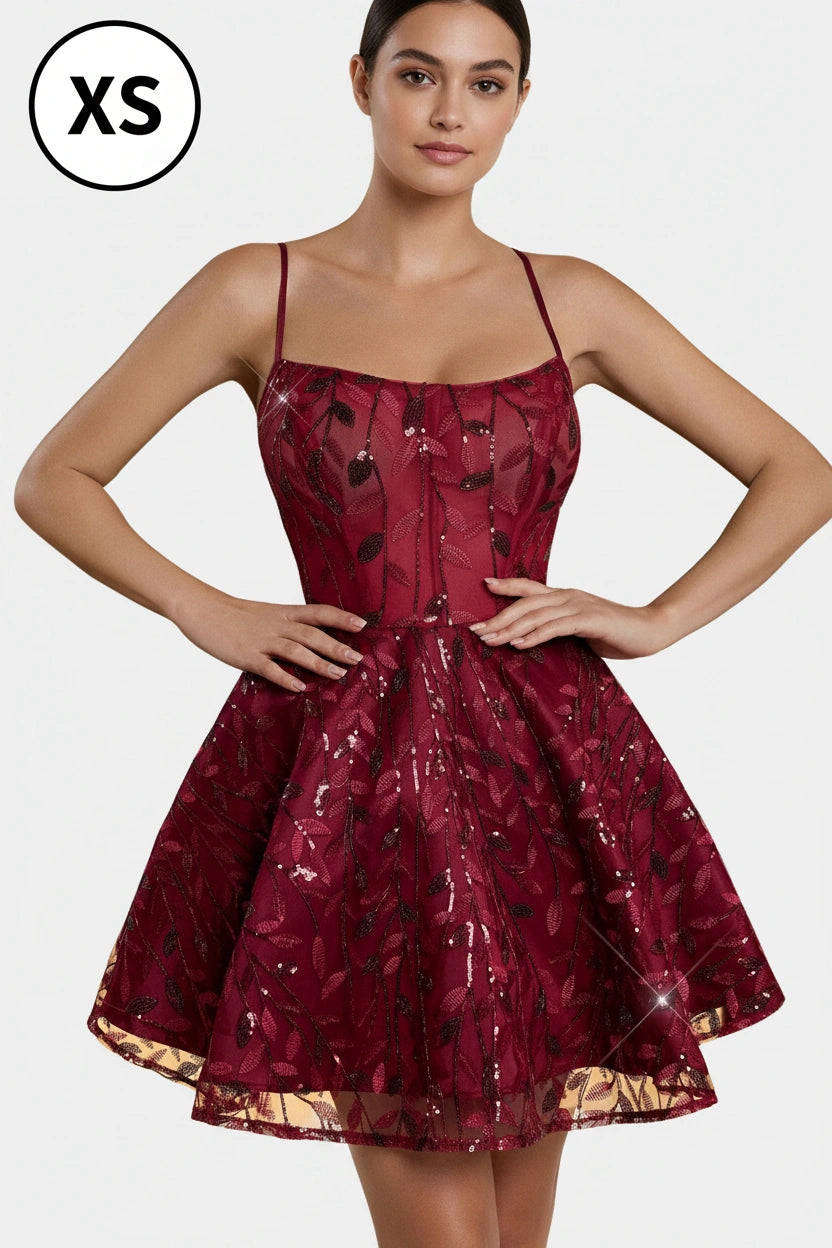 Enchanted Burgundy Foliage Flared Gown