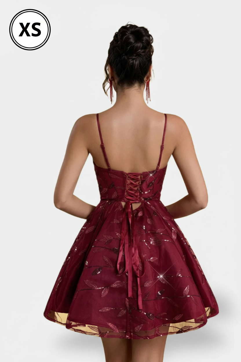 Enchanted Burgundy Foliage Flared Gown