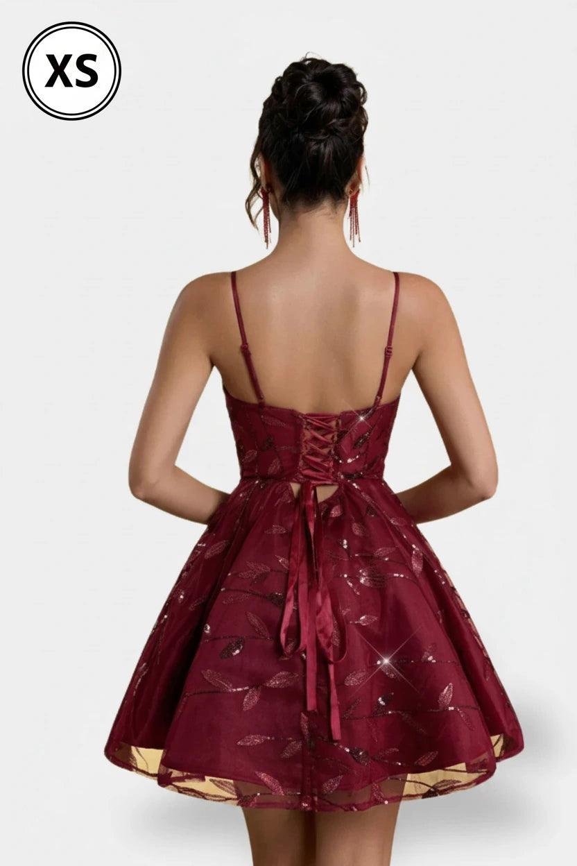 Enchanted Burgundy Foliage Flared Gown