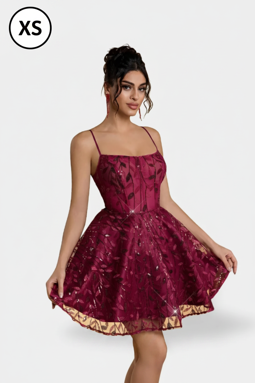 Enchanted Burgundy Foliage Flared Gown