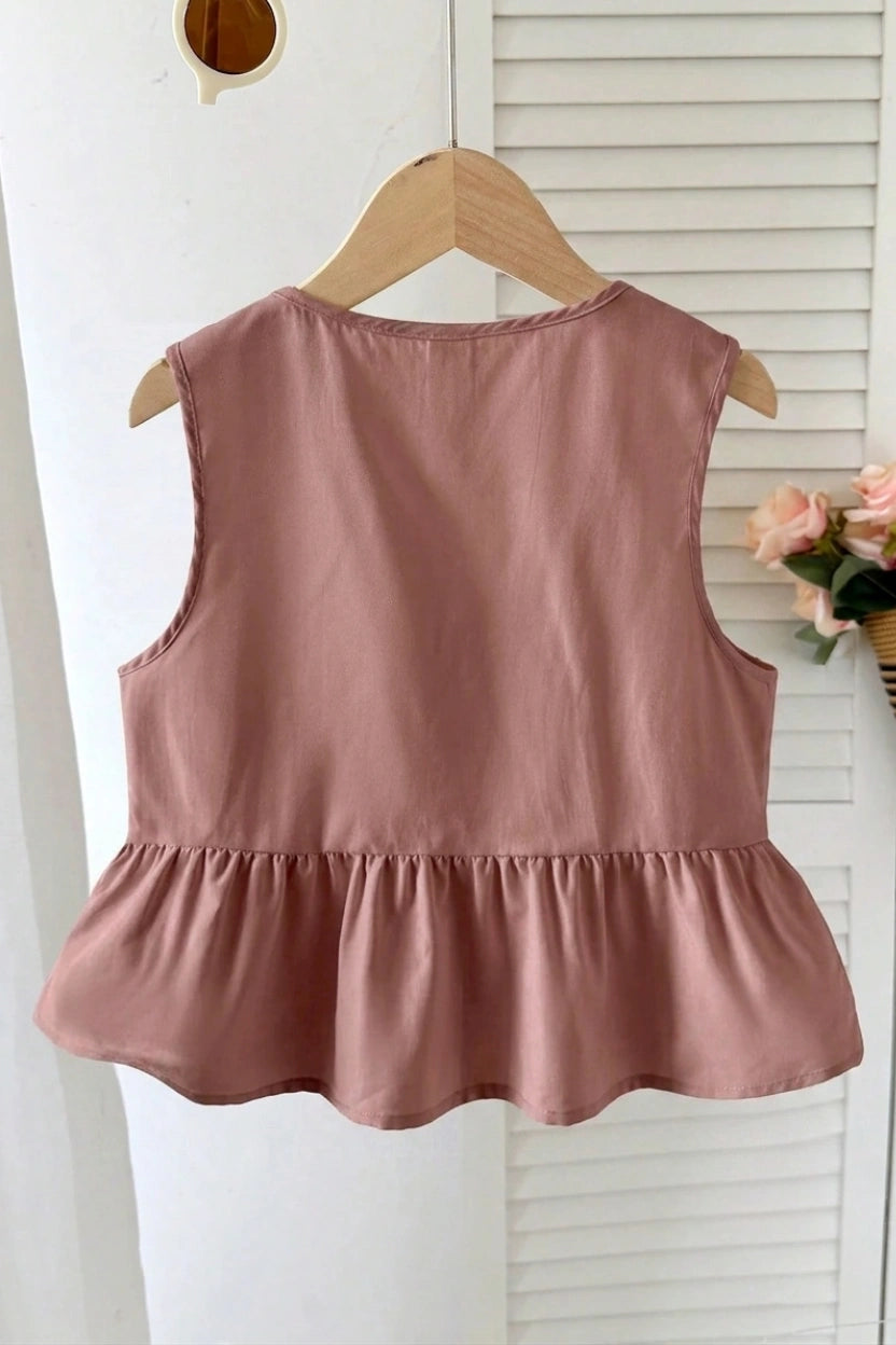 SHEIN Solid Apricot Elegant Embroidered Bowknot Sleeveless Ruffle Trim Shirt