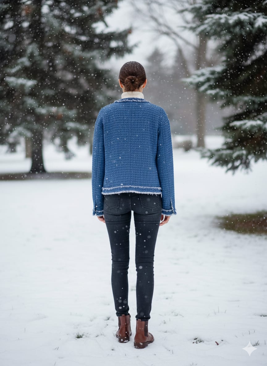 stylish, cropped blue tweed jacket with frayed trim and breast pockets, perfect for a chic winter look. - Small