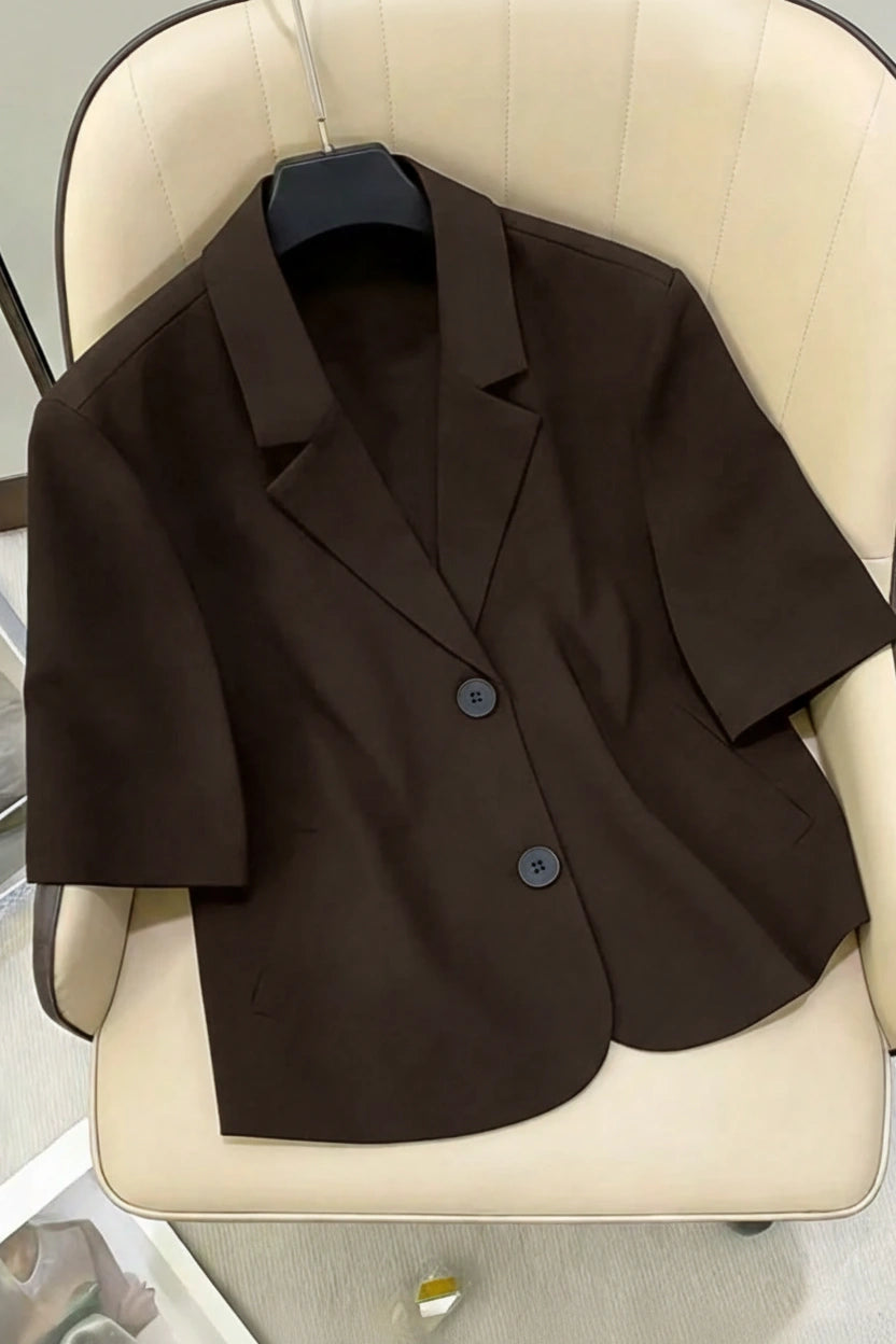 Dark Chocolate Brown Short-Sleeve Blazer | Women's Single-Breasted Suit Jacket
