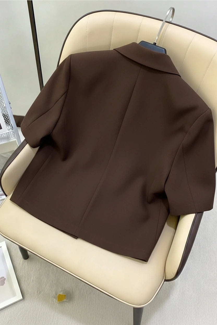 Dark Chocolate Brown Short-Sleeve Blazer | Women's Single-Breasted Suit Jacket