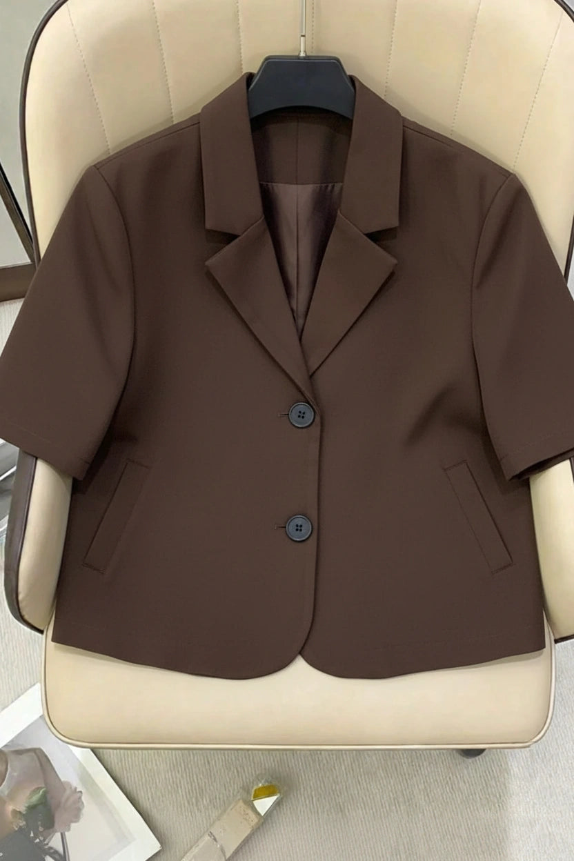 Dark Chocolate Brown Short-Sleeve Blazer | Women's Single-Breasted Suit Jacket