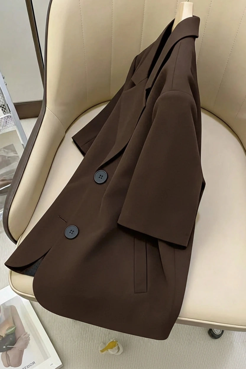 Dark Chocolate Brown Short-Sleeve Blazer | Women's Single-Breasted Suit Jacket