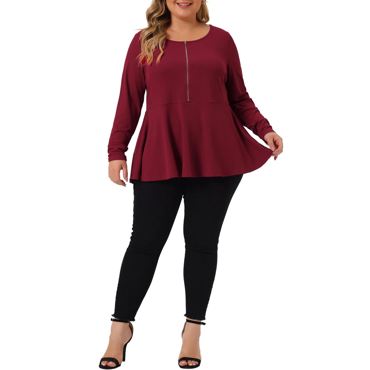 Agnes Orinda Women' s Blouses Half Zip Up Long Sleeve Ruffle Shirts Solid Tops 2X Burgundy - 2XL