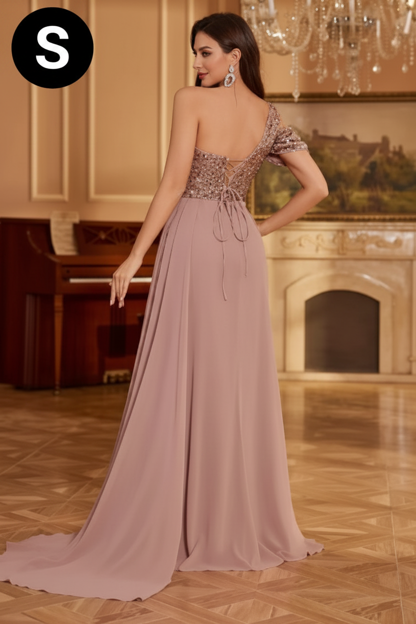 Dusty Rose One-Shoulder Sequin Evening Gown
