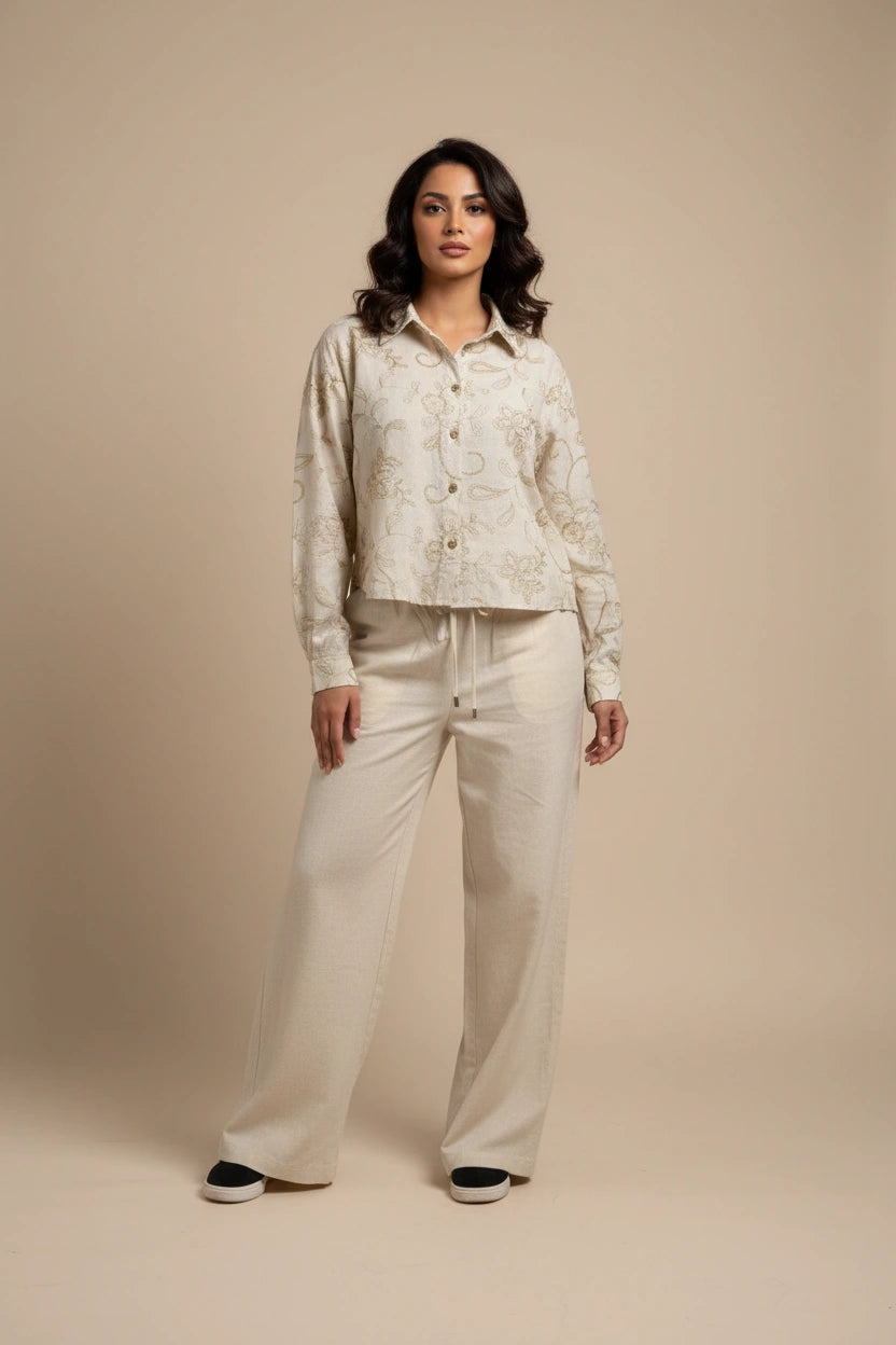 Cream Floral Embroidered Two-Piece Set