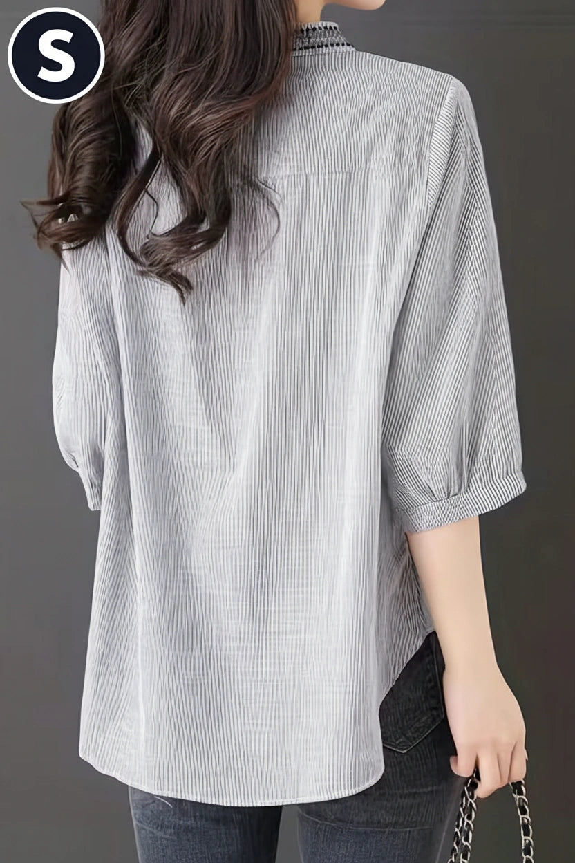 Grey Striped Embroidered Blouse