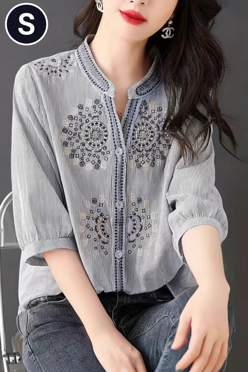 Grey Striped Embroidered Blouse