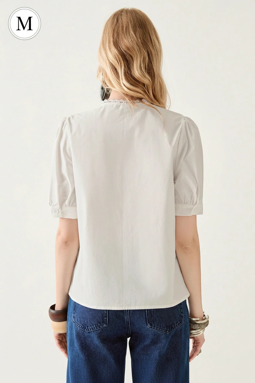 Florisole Solid Color Frill Trim White Short Sleeve Shirt