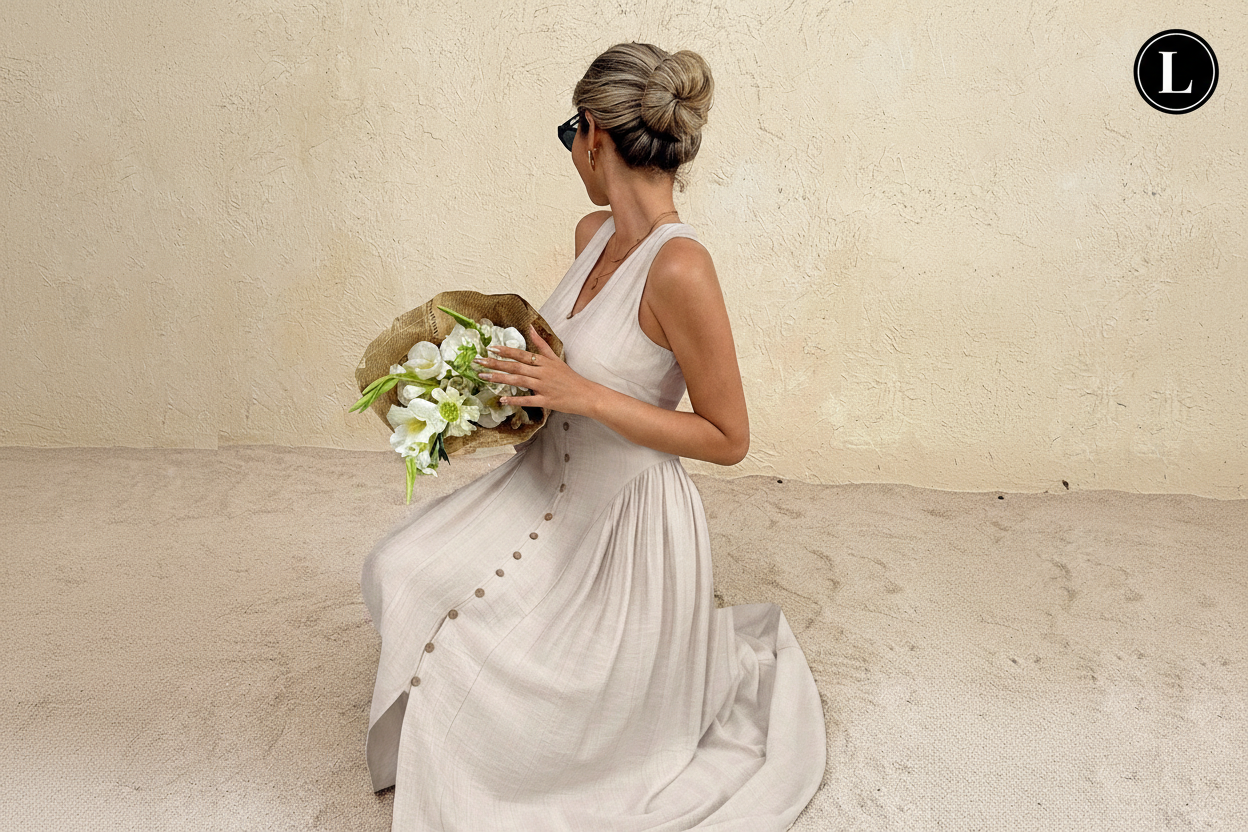 Linen midi dress - seated pose with flowers - L badge