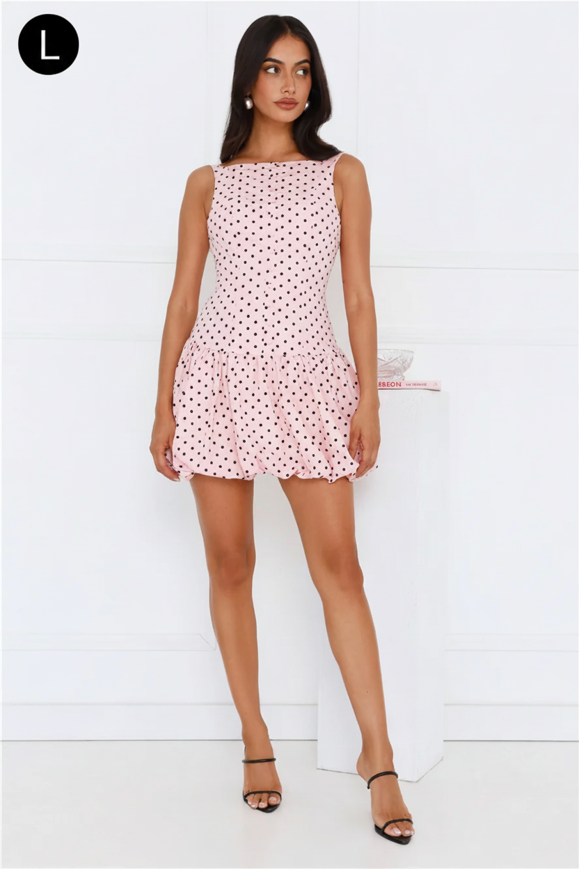 Pink polka dot mini dress - full view