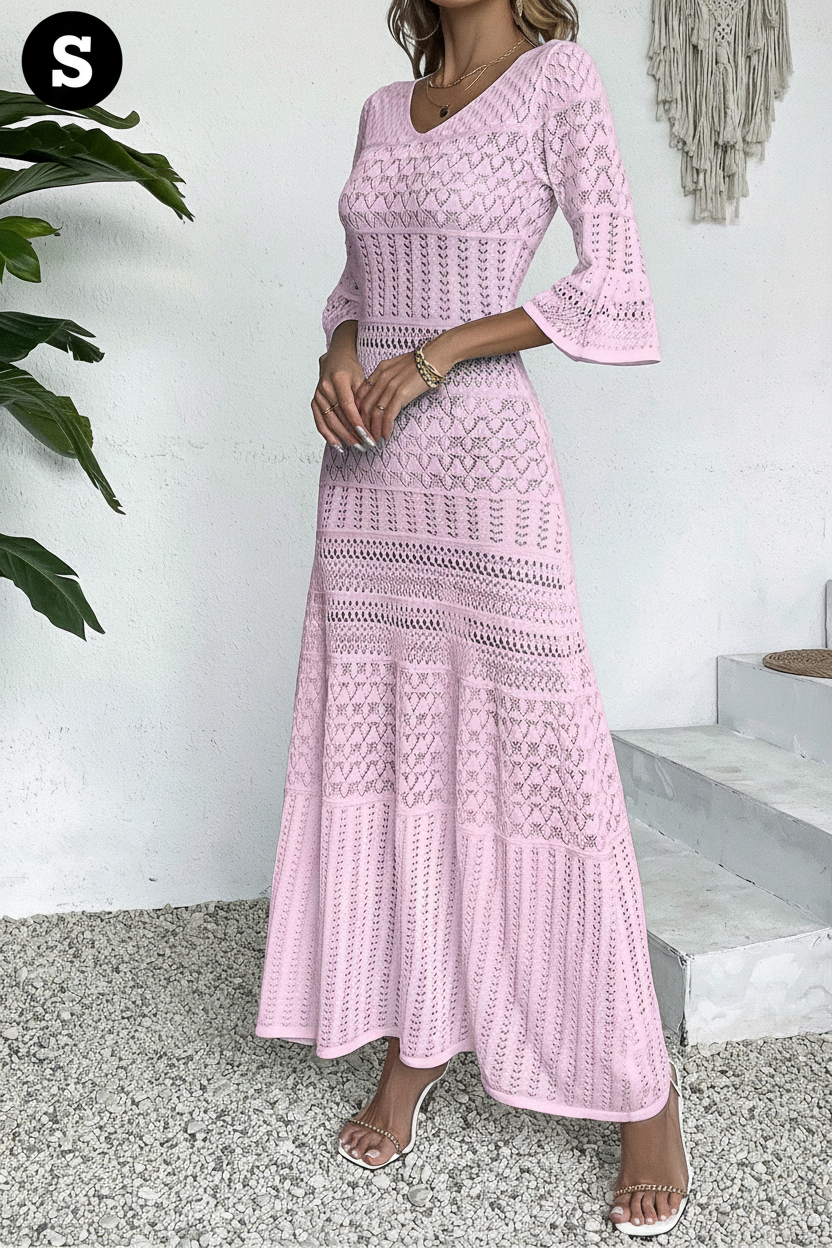 Pink crochet maxi dress - side view with S badge