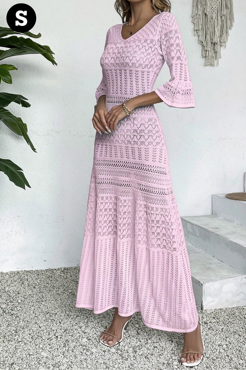 Women's Elegant Solid Color V-Neck Long Sleeve Knit Casual Dress