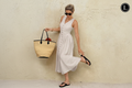 Linen midi dress - front view standing - L badge