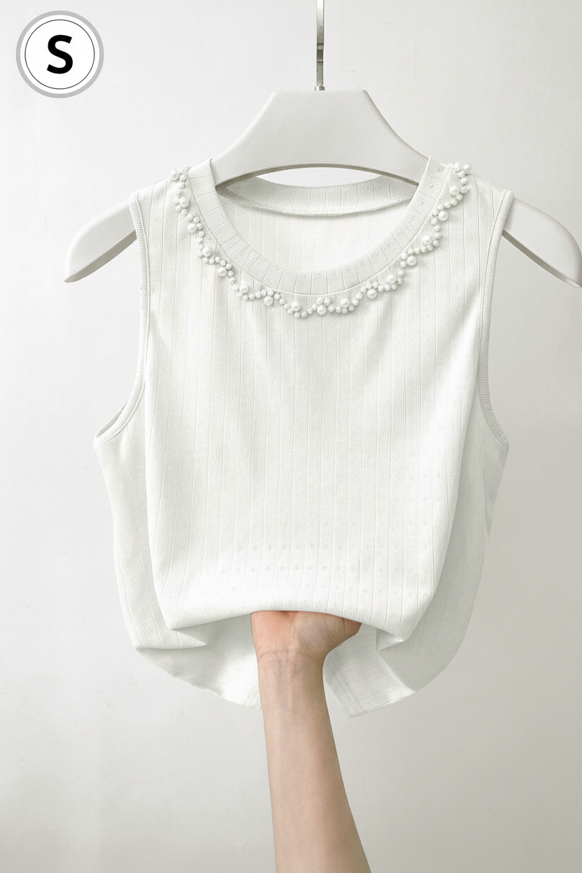 White Pearl Knit Crop Top Full View - Size S