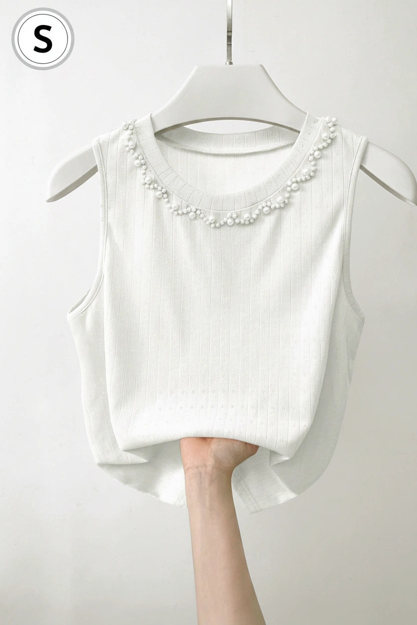 INAWLY Women Solid Color Faux Pearl Round Neck Ribbed Knit Fashion Tank Top