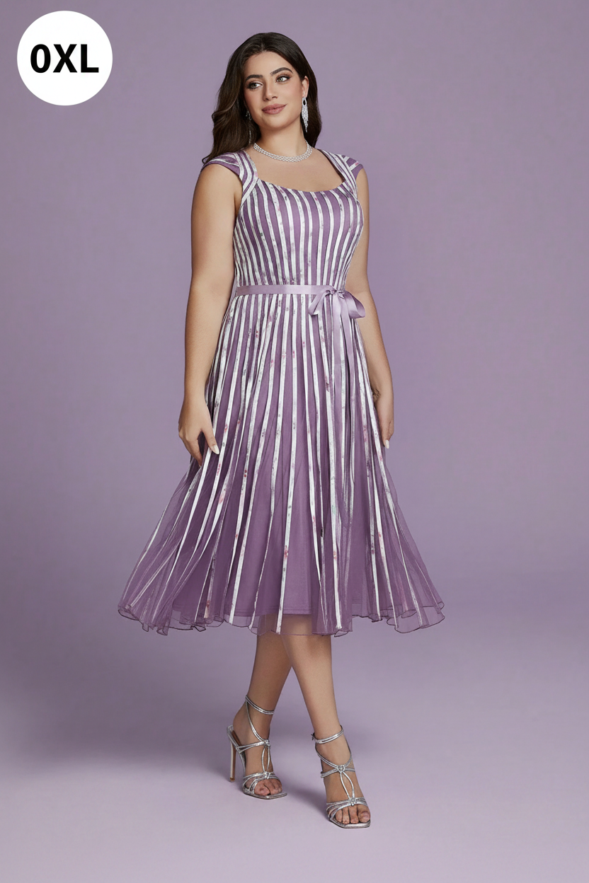 Lavender striped midi dress - front view with 0XL badge
