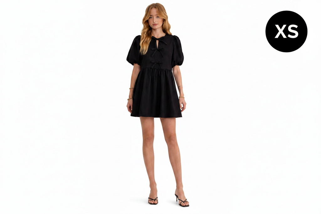 Black puff sleeve mini dress - front view - XS badge