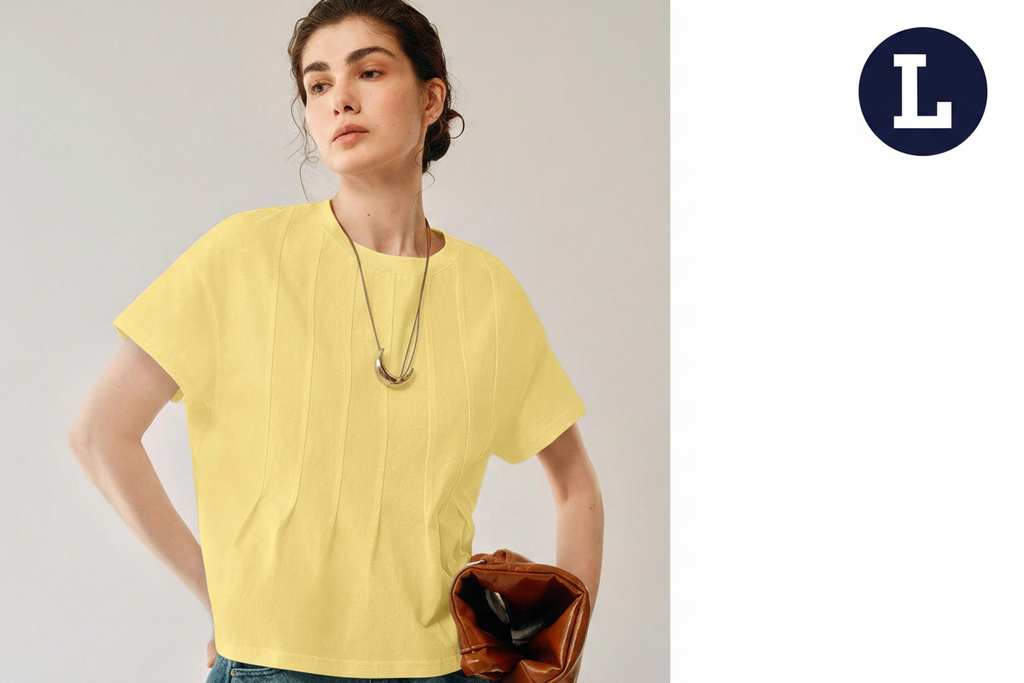 Yellow cotton top - close up with L badge