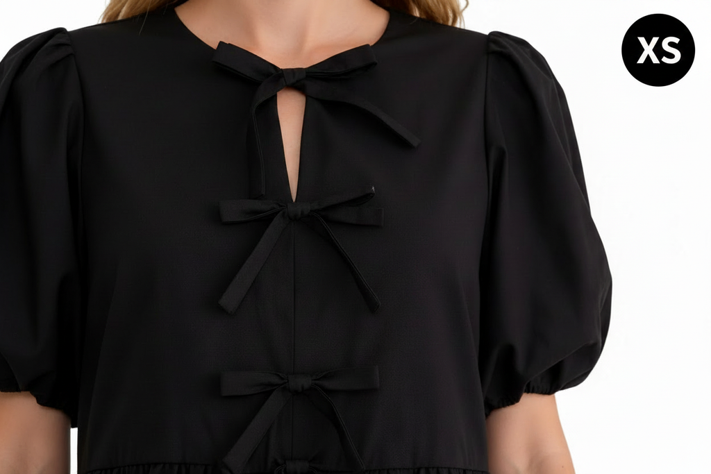 Black puff sleeve mini dress - detail shot - XS badge