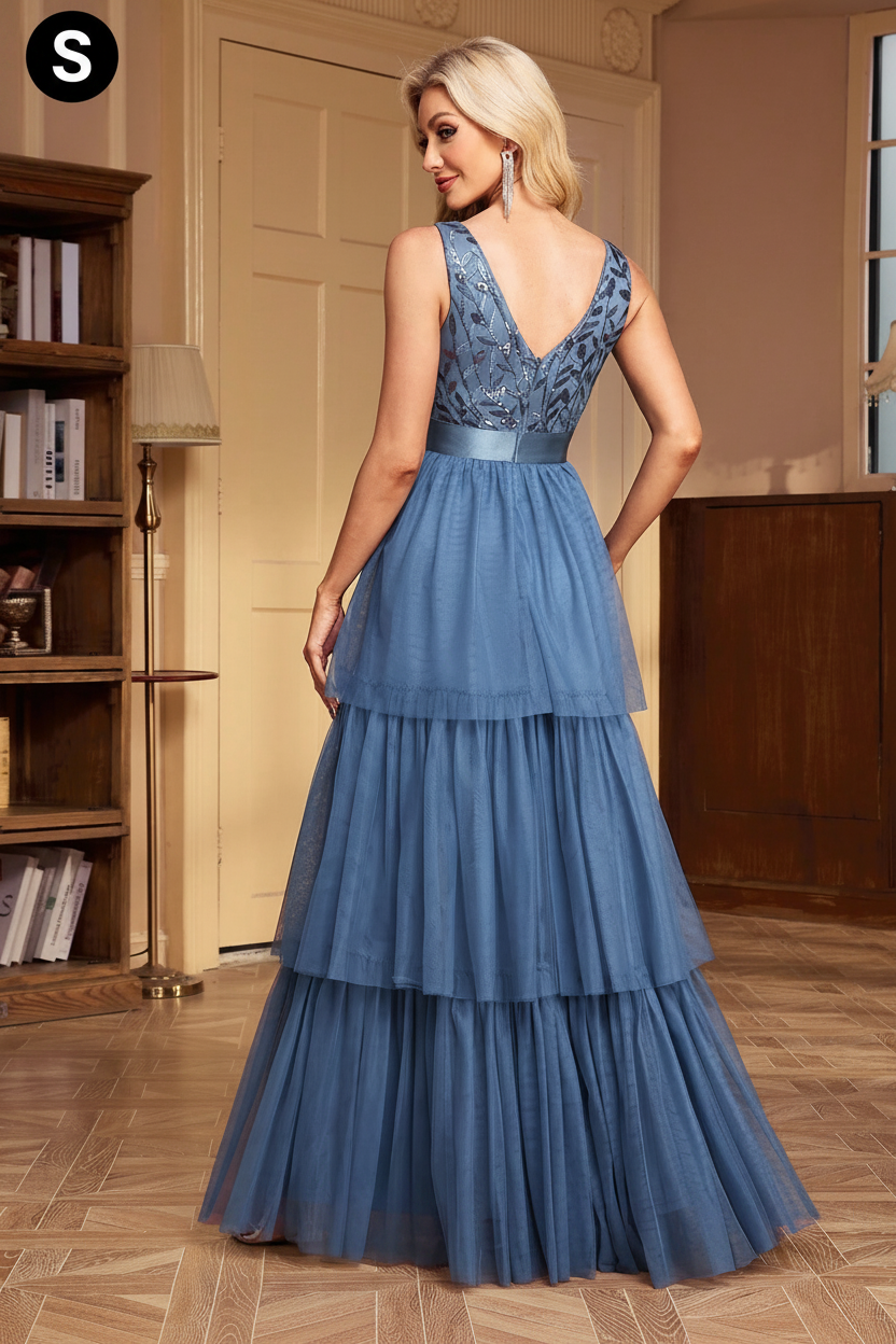 Blue sequin tiered tulle maxi dress - back view with S badge