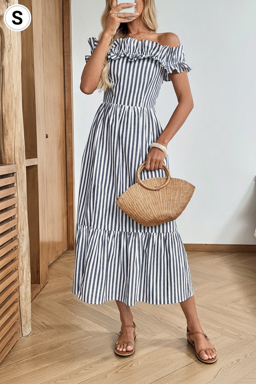 Striped Off-Shoulder Ruffle Midi Dress Upper Body - Size S