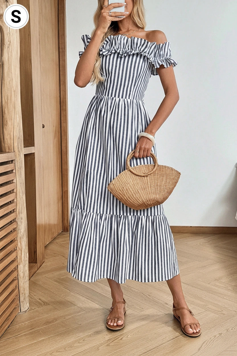 SHEIN LUNE Women's Casual Blue And White Stripe Ruffle Off Shoulder Slit Dress