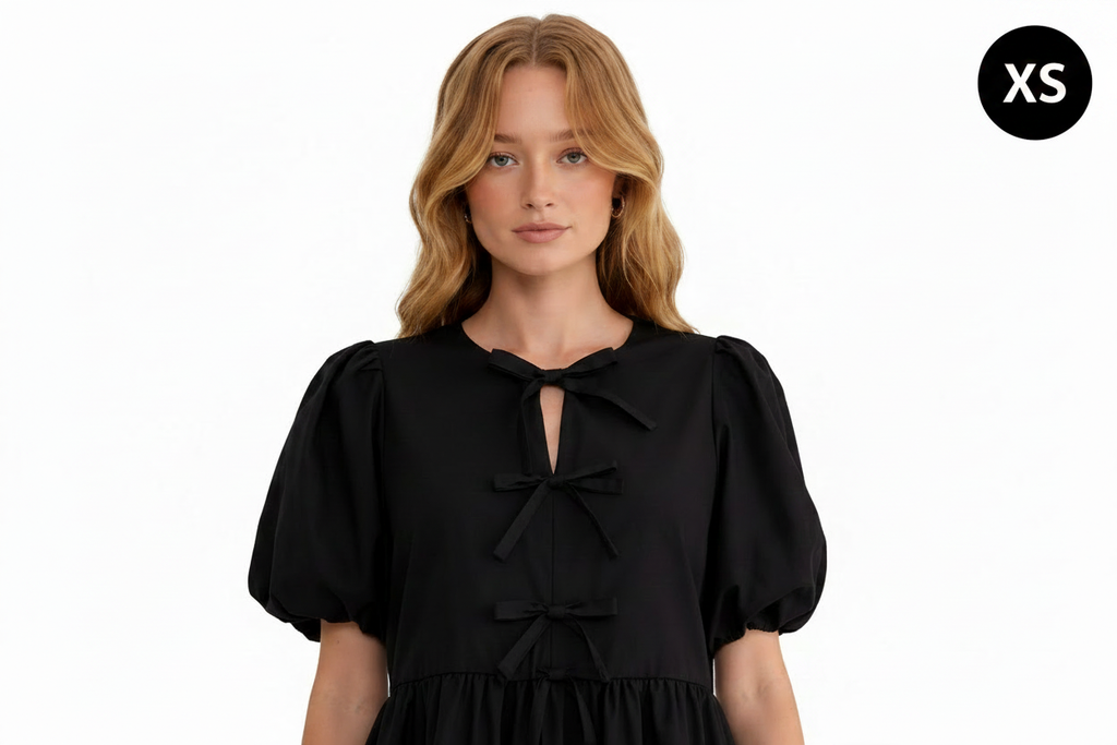 Black puff sleeve mini dress - front close-up - XS badge