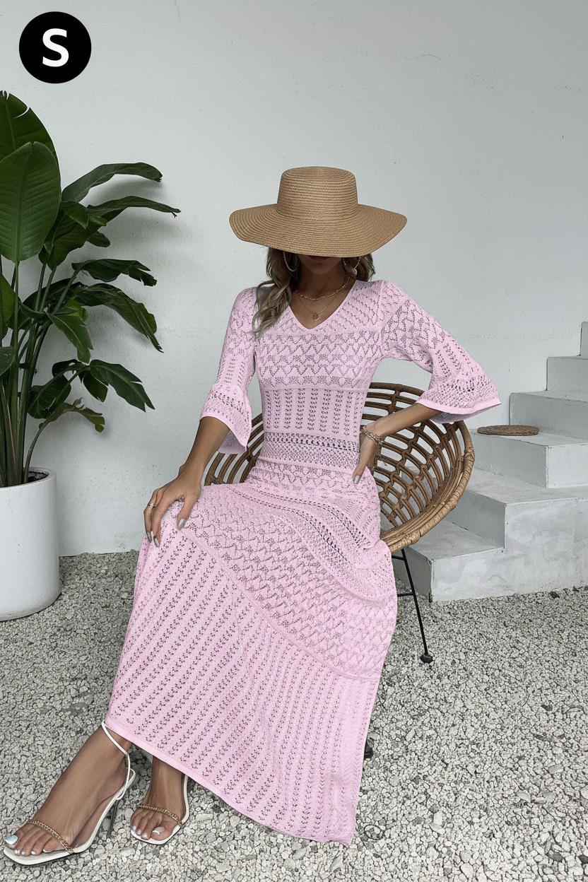 Pink crochet maxi dress - sitting view with S badge