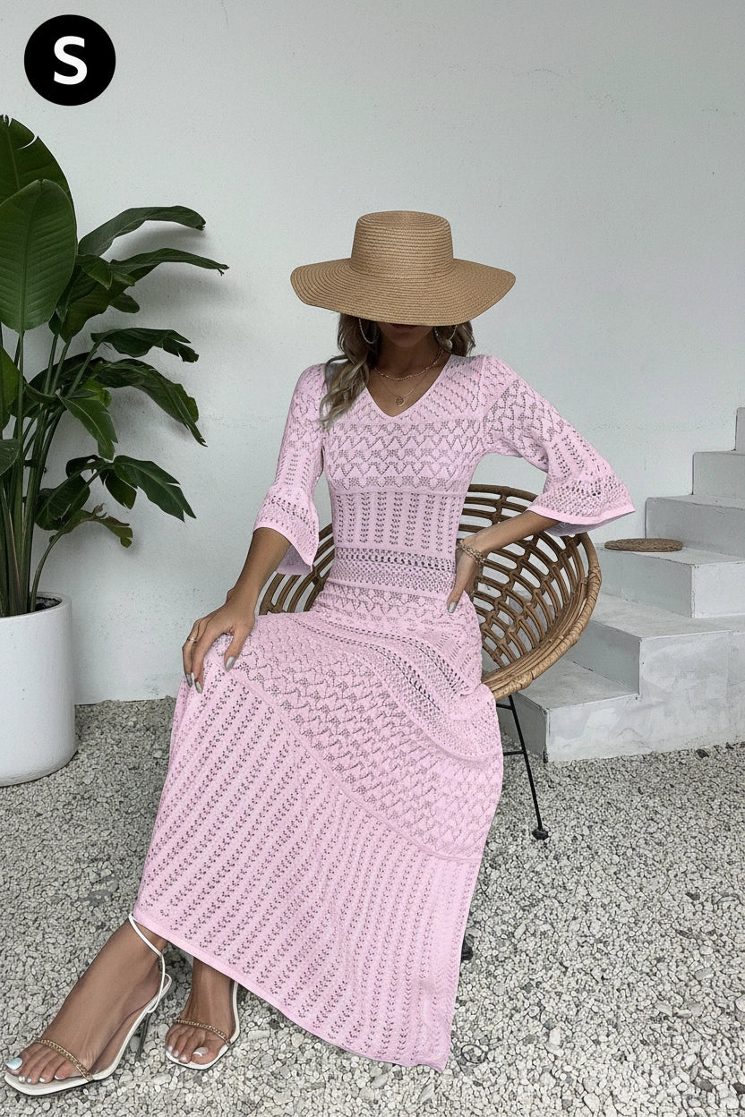 Women's Elegant Solid Color V-Neck Long Sleeve Knit Casual Dress