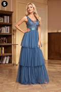 Blue sequin tiered tulle maxi dress - side view with S badge