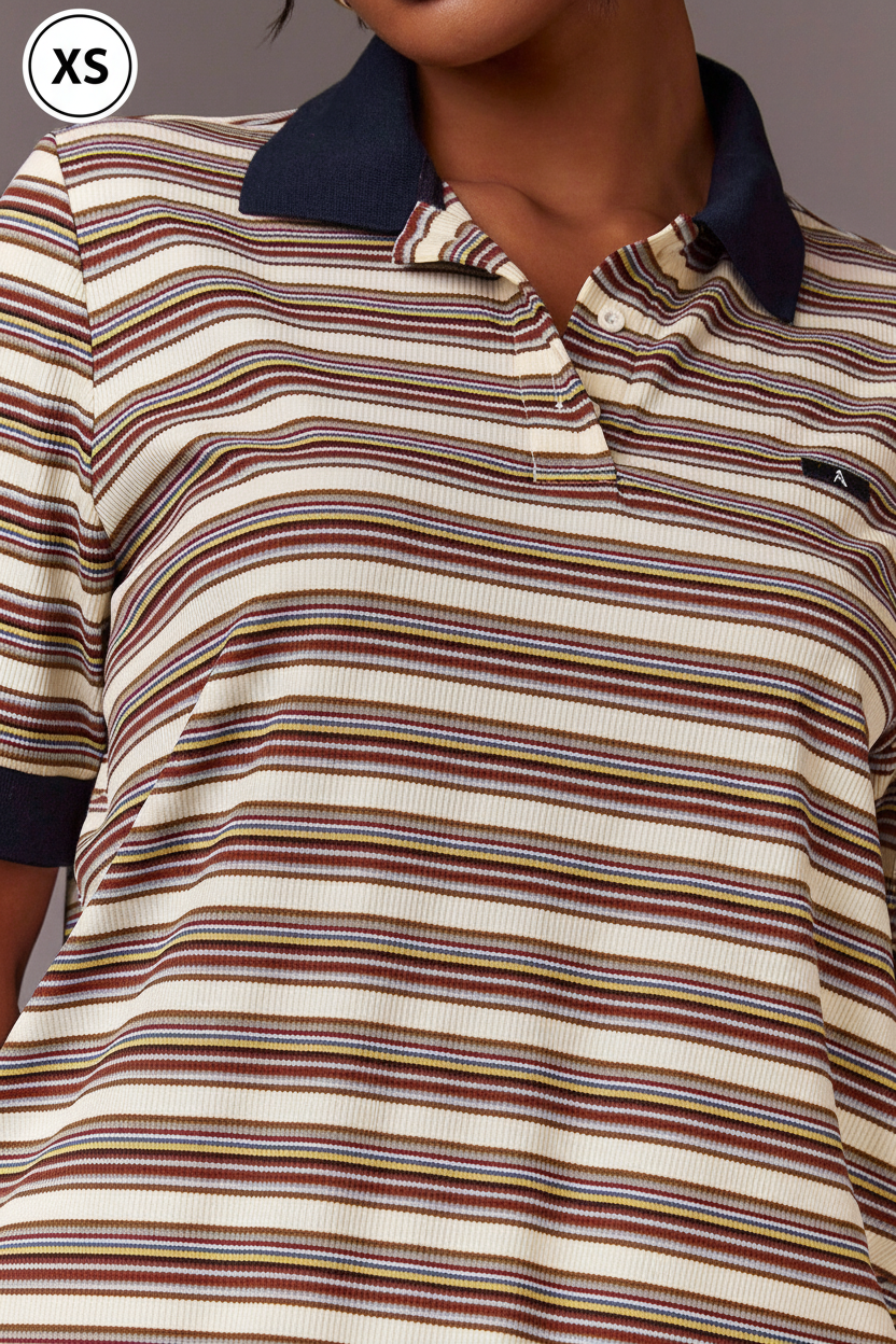Striped Polo Shirt Collar Detail - Size XS