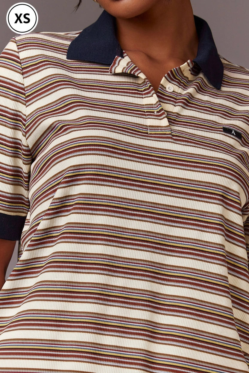 Athîral Women's Color-Block Striped Print Polo Collar Short-Sleeved T-Shirt